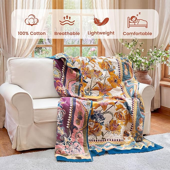 MSGKV Boho Throw Blanket 50"x60" Couch Floral 100% Cotton Blanket Spring Breathable Lightweight Blankets for Sofa All Seasons Home Decor Muslin