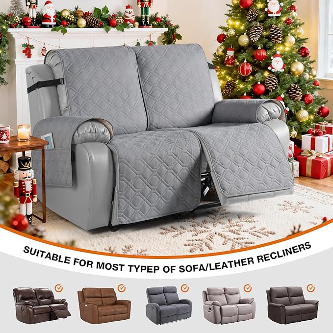 VANSOFY Waterproof Recliner Couch Covers, Sofa Covers 1-Piece Washable Reclining Sofa Cover Non-Slip Furniture Protector with Elastic Straps Pocket for Dogs, Pets(Light Gray,2 Seater)