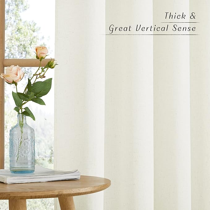 NICETOWN Off White Linen Curtains 84 inch Length, Grommet Privacy Added Thick Flax Not See Through Window Treatments Semi Sheer Drapes for Bedroom/Living Room, W55 x L84, 2 Panels