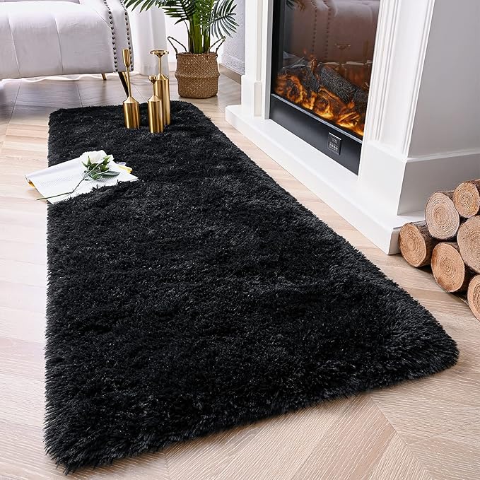 Chicrug Soft Runner Rugs for Bedroom Living Room Plush Fluffy Rug 2x5 Feet, Shag Furry Area Rug Carpet Non Shedding for Nursery Children Kids Girls Room Home Decorative, Black