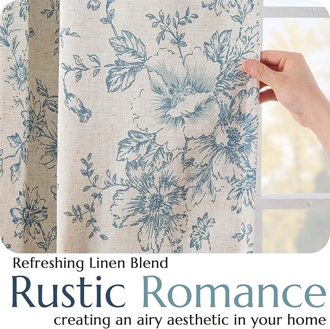 jinchan Blackout Floral Curtains for Living Room Bedroom Linen Blend Curtain Farmhouse Blue Printed with Lined Back Tab Rod Pocket Drapes Window Treatments 2 Panels 63 Inch