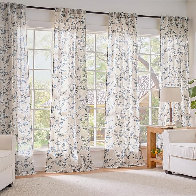 Lazzzy Blue Floral Linen Curtains 96 Inch Farmhouse Back Tab Drapes for Living Room Bedroom Light Filtering Vintage Grandmillennial Rod Pocket Curtains, 2 Panels, W38 x L96, Blue on Beige