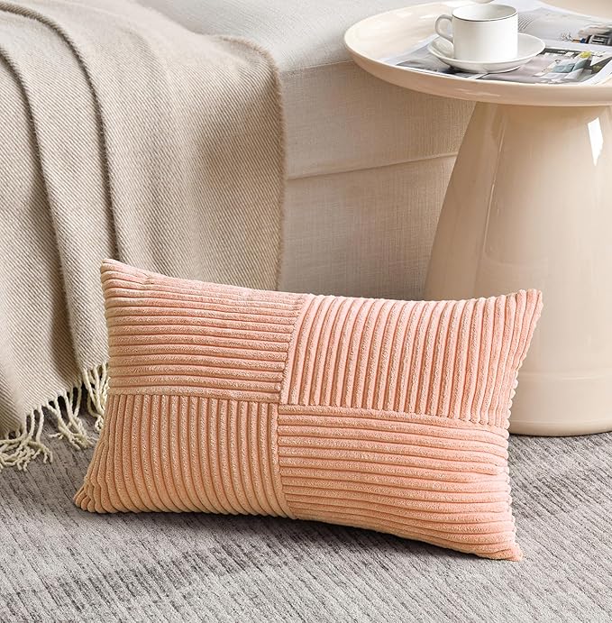 Fancy Homi 2 Packs Peach Long Lumbar Decorative Throw Pillow Covers 16x24 Inch for Couch Bed Sofa, Rustic Farmhouse Boho Home Decor, Soft Striped Corduroy Rectangle Accent Cushion Case 40x60 cm