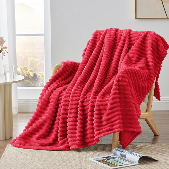 BEDELITE Twin Blanket for Couch & Bed, 300GSM Soft & Warm Fleece Blanket, Decorative and Giftable Striped Red Blankets for Women, Men, 60"x80"