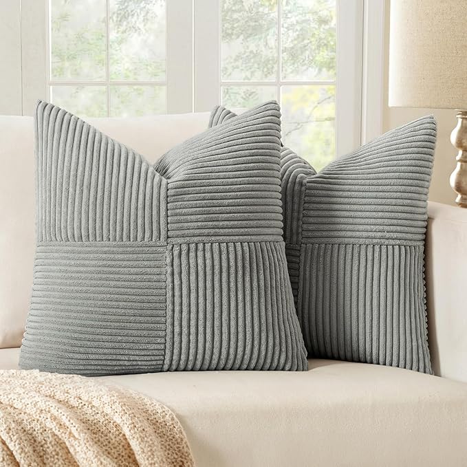 MIULEE Silver Grey Decorative Euro Sham Pillow Covers 24x24 Inch for Bed Couch Sofa Pack of 2 Boho Farmhouse Throw Pillows Soft Cross Corduroy Patchwork Textured Cushion Cases