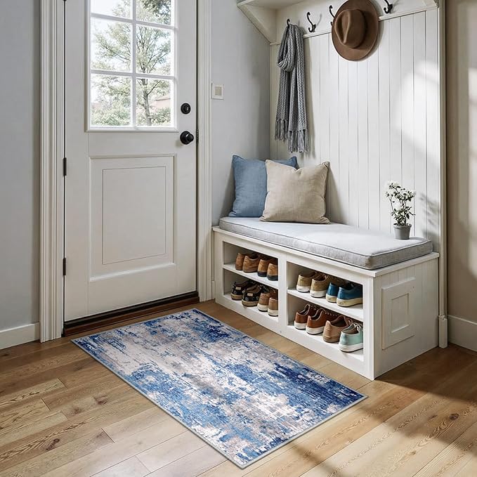 Washable Area Rugs 2'x4' Non-Slip Modern Abstract Soft for Living Room Entryway Bedroom Nursery, Print Pattern, Blue Grey Navy Gray