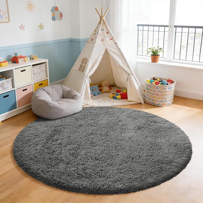 yulidayang Fluffy Round Area Rugs for Bedroom,5'X5'Shag Circle Area Rugs for Living Room,Non Slip Fuzzy Plush Rug for Kids Room Boys Girls Room and Dorm,Deep Grey