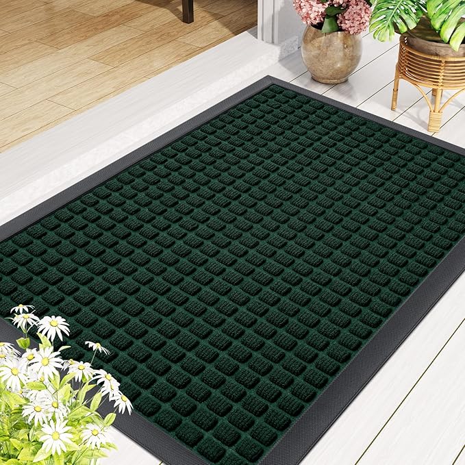 Smiry Front Door Mat Outside Entrance, Heavy Duty Natural Rubber Doormat, Non Slip Trap Dirt and Moisture Easy Clean, Low Profile Welcome Floor Mats for Indoor Outdoor Entry, 29.5x17 Inch, Black Green