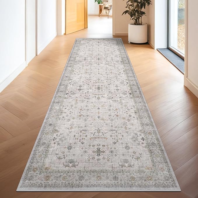 Hazo Haus Light Gray Kitchen Rug 12 ft Long - Modern Boho Eclectic Floral Geometric Decor, Washable Low Pile Non-Slip Extra Long Wide Runner Rugs for Hallway, 3x12