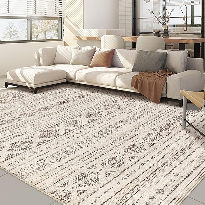 Nakagishi 8x10 Area Rugs Living Room: Washable Boho Large Neutral Soft Farmhouse Rug Stain Resistant Modern Moroccan Non-Slip Indoor Carpet for Bedroom Nursery Kids Office Dining Room- Dark Brown
