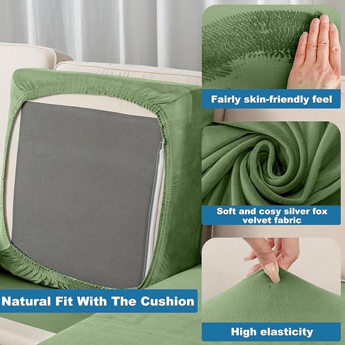Couch Cover 4-Piece Elastic Velvet Couch Cushion Covers & Chaise Slipcovers for L-Shaped Sofas, Sofa Seat Covers Washable, Soft Cover for Couches (3 Seater + Chaise, Avocado Green)