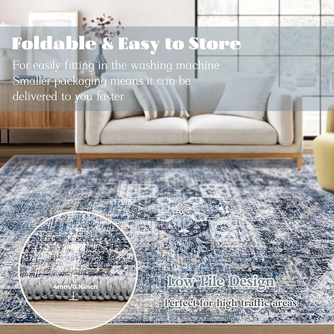 Area Rug 6x9 Washable Rug, Vintage Boho Medallion Rugs Non-Slip Soft Low Pile Large Distressed Rug Indoor Retro Carpet for Living Room Bedroom Dining Room Home Office (Blue, 6'x9')