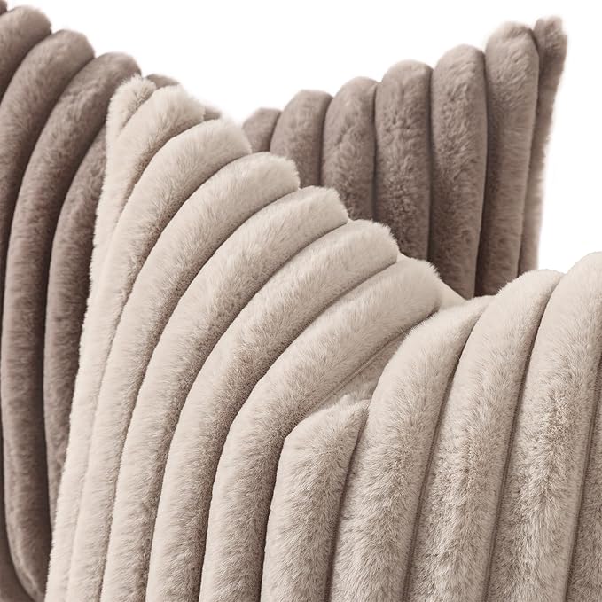 decorUhome Cozy Faux Fur Throw Pillow Covers 24x24 Set of 2 Decorative Soft Plush Striped Modern Farmhouse Boho Couch Euro Sham Pillow Cases with Velvet Back for Sofa Bed Living Room, Tan