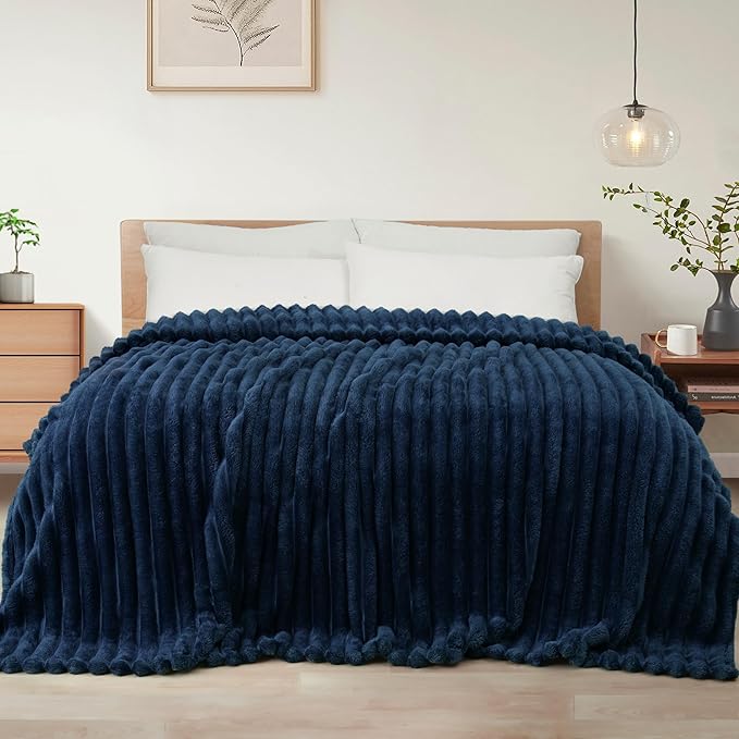 Exclusivo Mezcla California King Size Flannel Fleece Blanket, Super Soft Striped Jacquard Bed Oversized Blanket, Lightweight Fuzzy Cozy for All Seasons, 120x120 Inches, Navy Blue