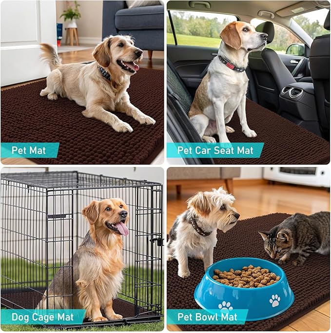 OLANLY Dog Door Mat for Muddy Paws 70x35, Absorbs Moisture and Dirt, Absorbent Non-Slip Washable Doormat, Quick Dry Chenille Mud Mat for Dogs, Entry Indoor Entryway Carpet for Inside Floor, Brown