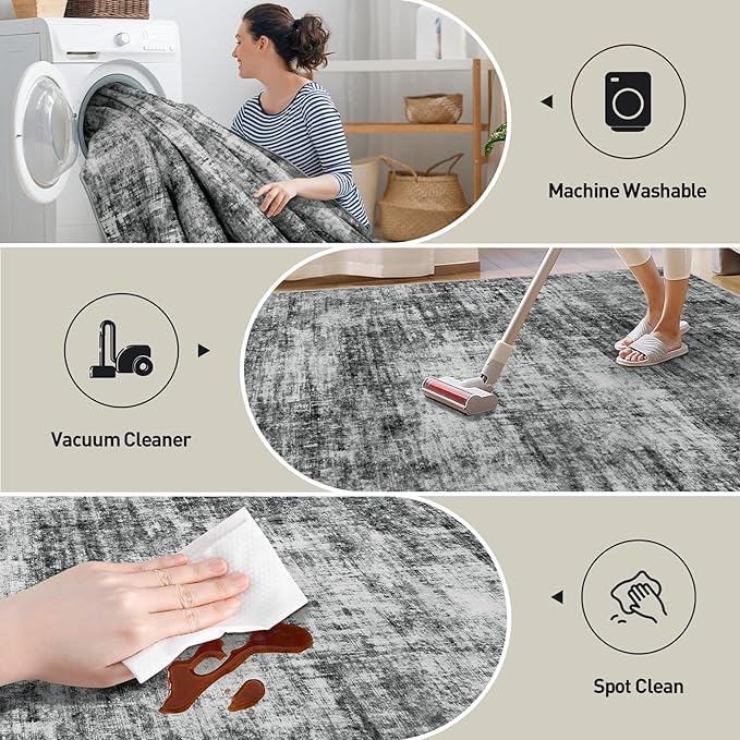 6x9 Area Rugs Washable Rug: Large Modern Abstract Living Room Rug Soft Anti-Skid Thin Carpet Indoor Floor Non-Shedding Carpets for Bedroom Dining Room Farmhouse Nursery Home Office Black