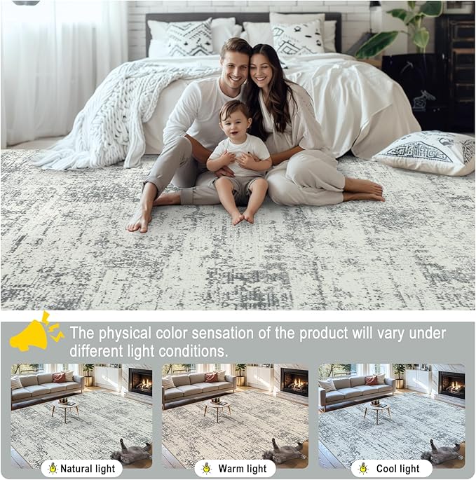 Area Rugs 10x12 Living Room - Washable Rug Modern Abstract Soft Large Neutral Non-Slip Carpet Indoor Floor Thin Carpets for Bedroom Dining Room Farmhouse Nursery Home Office Grey
