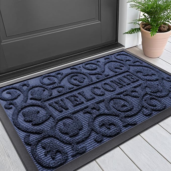 Smiry Welcome Door Mat Outside Entrance, Heavy Duty Trap Dirt and Moisture Easy Clean Low Profile Patio Porch Indoor Outdoor Front Doormat for Entry, 29.5x17 Inch, Navy Blue