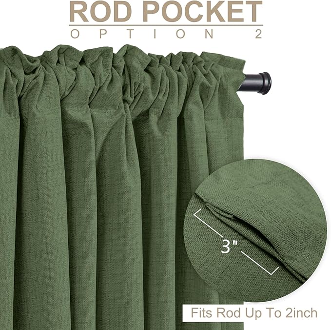100% Blackout Shield Linen Blackout Curtains for Bedroom 102 Inches Long, Back Tab/Rod Pocket Living Room Drapes, Thermal Insulated Blackout Curtains 2 Panels Set, 50" W x 102" L, Olive Green