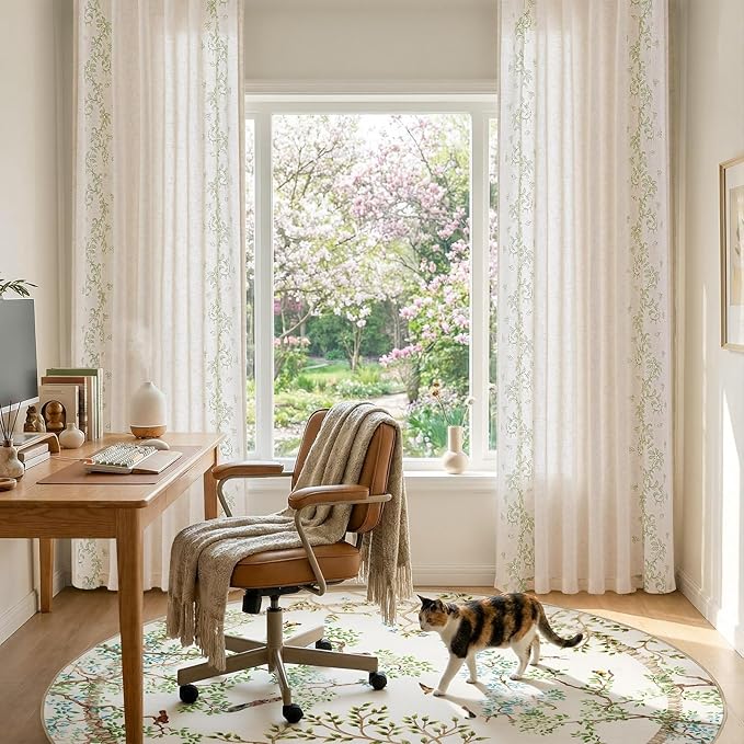 jinchan Evelyn Embroidered Linen Curtains for Living Room Farmhouse Floral Curtains for Bedroom Semi Sheer Light Filtering Window Drapes Rod Pocket Back Tab 2 Panels W50 x L96 Sage Green