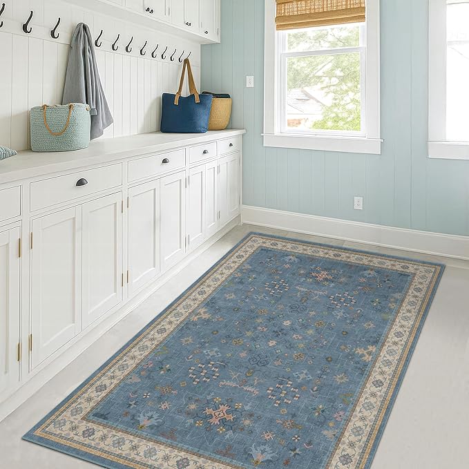 Washable Blue Rugs for Entryway Indoor - 3x5 Throw Rug for Large Kitchen, Bedroom Bedside, Laundry Room, Mudroom, Boho Eclectic Modern Décor, Non Slip Low Pile Fade Resistant