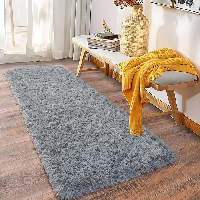 Soft Runner Rugs for Bedroom Hallways, 2 Packs 2x6 Grey Fluffy Shag Throw Area Rug Non Slip for Bedside Dorm, Long Shaggy Furry Carpet for Nursery Living Room