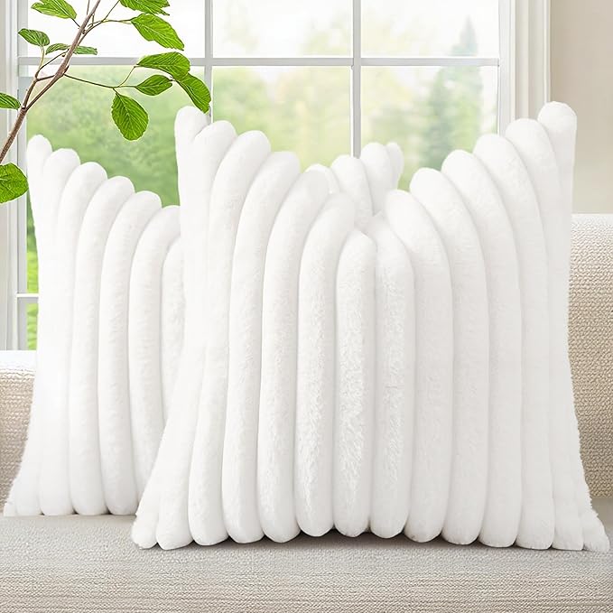 decorUhome Summer Cozy Faux Fur Throw Pillow Covers 16x16 Set of 2 Decorative Soft Plush Striped Modern Farmhouse Boho Couch Pillow Cases with Velvet Back for Sofa Bed Living Room, White
