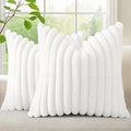 decorUhome Summer Cozy Faux Fur Throw Pillow Covers 22x22 Set of 2 Decorative Soft Plush Striped Modern Farmhouse Boho Couch Euro Sham Pillow Cases with Velvet Back for Sofa Bed Living Room, White