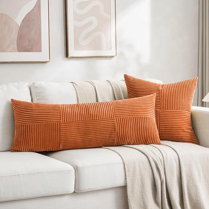 Fancy Homi 2 Packs Burnt Orange Decorative Throw Pillow Covers 20x20 Inch for Living Room Couch Bed Sofa, Rustic Farmhouse Boho Home Decor, Soft Corss Corduroy Patchwork Accent Cushion Case 50x50 cm