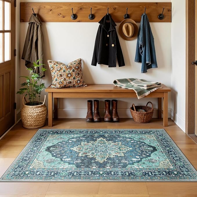 Area Rugs 3'x5' Washable Non-Slip, Floral Vintage Distress Print Pattern Medallion Carpet for Living Room Bedroom Dining Room, Teal Green Lake Blue Turquoise