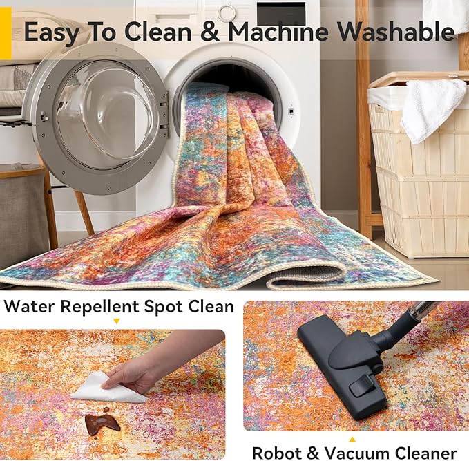 Washable Area Rugs 4'x6' Non-Slip Modern Abstract Soft for Living Room Entryway Bedroom Nursery, Print Pattern, Orange Blue Pink Yellow Colorful