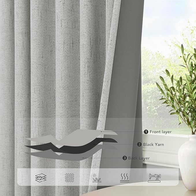 Light Grey Black Out Curtains 72 Inch Long for Dining Room 2 Panels Linen Textured Boho Blackout Drapes Double Sided Blocking Gray Room Darkening for Bedroom Garage Window Coverings 72 Length 6FT 6 FT
