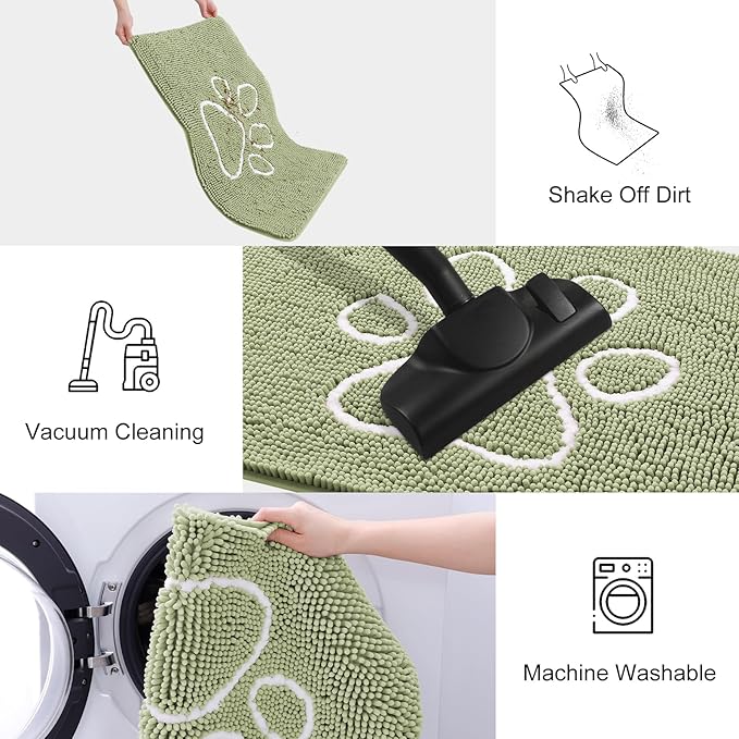 Smiry Dog Door Mat for Muddy Paws, Absorbent Dirt Trapper Non Slip Quick Dry Washable Chenille Mat for Mud Dogs, Entry Rug for Indoor and Outdoor (30x20 Inches, Sage Green and White)