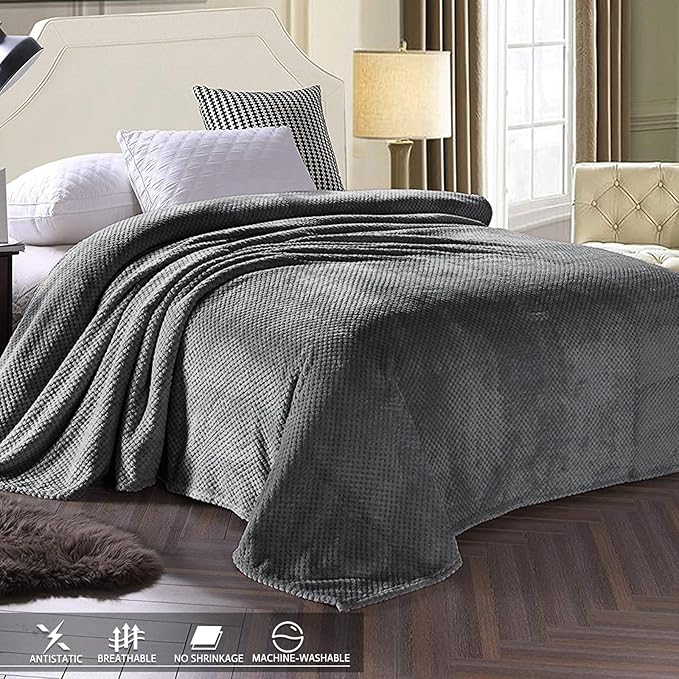 Exclusivo Mezcla Fleece Bed Blanket Queen Size, Super Soft and Warm Blankets for Couch, Sofa and Bed Waffle Textured, Cozy, Fuzzy and Lightweight (Dark Grey, 90x90 Inches)