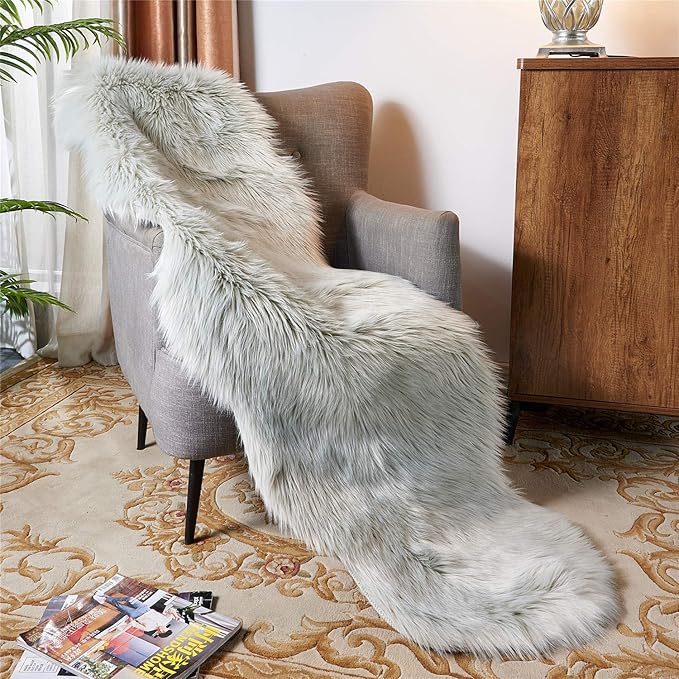 EasyJoy Ultra Soft Fluffy Shaggy Area Rug Faux Fur, Chair Cover, Fuzzy Seat Pad for Bedroom Floor Sofa Living Room (2 x 6 ft Sheepskin, Light Grey)