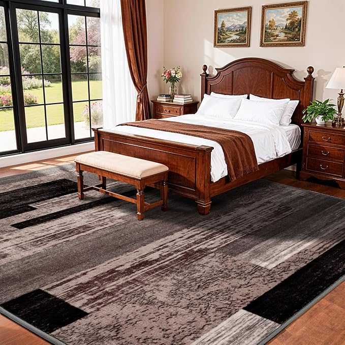 5x7 Washable Area Rugs for Living Room and Bedroom, Vintage Checkered Pattern Non-Slip Carpet, Stain Resistant Low Pile Soft Rug for Dining Room,Office,Nursery,Kids Room(5x7,Chocolate)