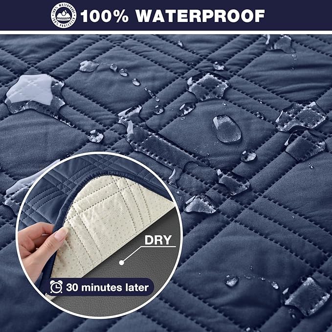 TAOCOCO 100% Waterproof Recliner Sofa Covers 3 Seater, Split Couch Covers for Reclining Couches for Kids Pets, Non Slip Reclining Couch Covers Furniture Protector with Straps(3 Seater, Navy Blue)