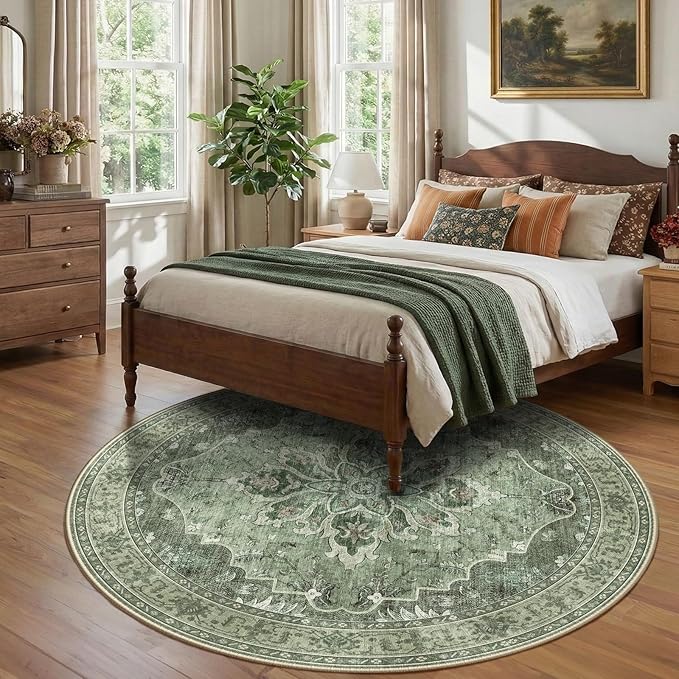 Area Rugs 8ft Washable Non-Slip, Floral Vintage Distress Print Pattern Medallion Carpet for Living Room Bedroom Dining Room, Dark Green Gray