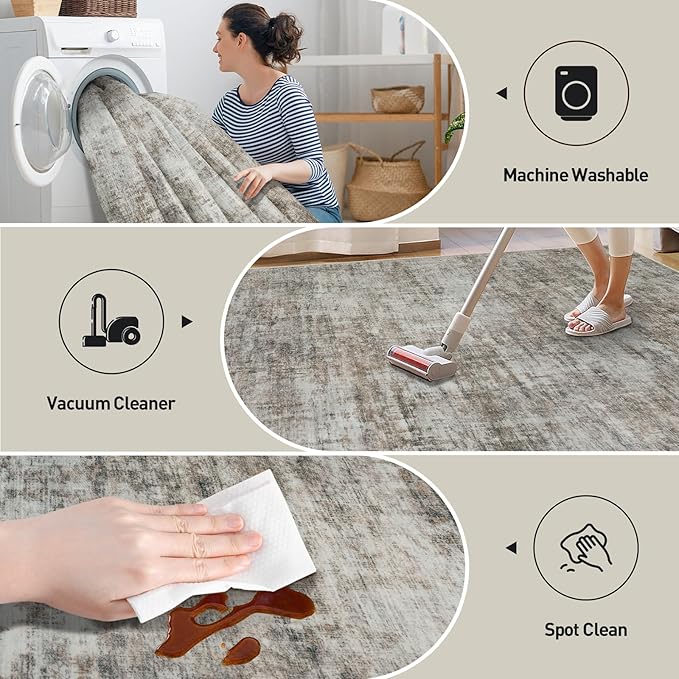 5x7 Area Rugs Washable Rug: Modern Abstract Living Room Rug Soft Anti-Skid Thin Carpet Indoor Floor Non-Shedding Carpets for Bedroom Dining Room Farmhouse Nursery Home Office Brown Black