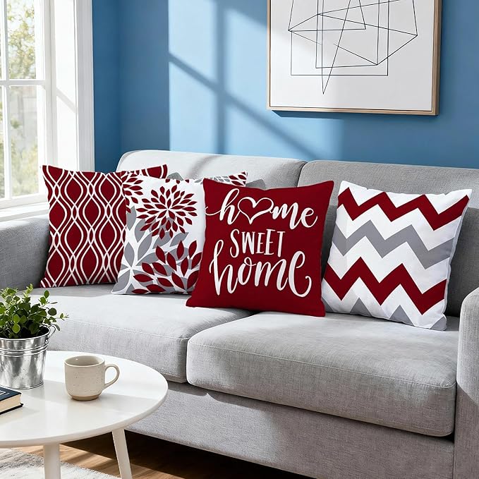 Hexagram Geometric Burgundy Pillow Covers 20x20 Set of 4, Decorative Outdoor Boho Modern Throw Pillow Covers, Home Sweet Home Farmhouse Cushion Case for Couch Sofa Bedroom Indoor Decor(No Insert)