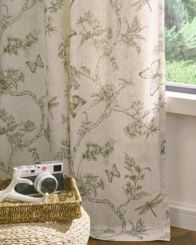 jinchan Floral Linen Curtains for Living Room 63 Inch Length Butterfly Sage Green Floral Curtains French Country Farmhouse Flower Patterned Drapes Window Treatments Set 2 Panels