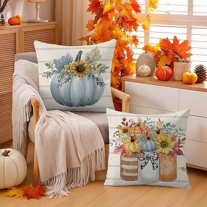 Fall Decorations for Home,Fall Pillow Covers 18 x 18 Inch Set of 4, Hello Autumn Pumpkin Mason Jar Thankful Decor, Cushion Cases for Farmhouse Home Party Sofa Couch