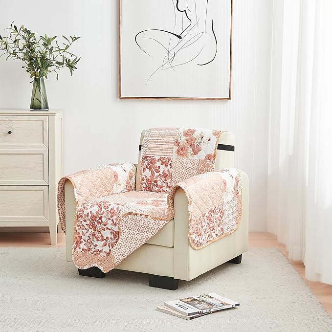 Great Bay Home Reversible Patchwork Chair Cover - Washable Slipcover Furniture Protector with Elastic Straps - Perfect for Kids & Pets - Box-Stitched Detail (Dusty Rose)