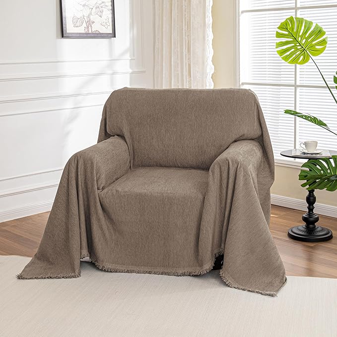 MYSKY HOME Chair Couch Cover Sectional Couch Covers for Pet Sofa Covers Non Slip Soft Couch Sofa Cover, Washable Furniture Protector Sofa Slipcover with Tassel Sofa Throws Living Room, 71"x91", Sand