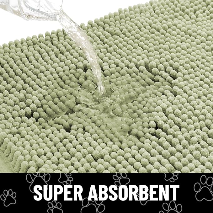Smiry Dog Door Mat for Muddy Paws, Absorbent Dirt Trapper Non Slip Quick Dry Washable Chenille Mat for Mud Dogs, Entry Rug for Indoor and Outdoor (59x35 Inches, Sage Green and White)