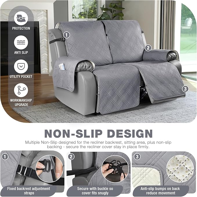 TAOCOCO 100% Waterproof Oversized Loveseat Recliner Cover, Non Slip Split Couch Covers for Reclining Loveseat with Elastic Straps for Kids Pets(Oversized 2 Seater, Gray)