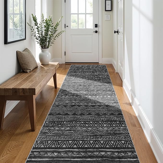3x10 Washable Hallway Runner Rug - Moroccan Non-Slip Long Runners for Entryway Soft Modern Geometric Low-Pile Rugs for Kitchen Waterproof Neutral Carpet for Bedrooom Bathroom Laundry 3x10 Black