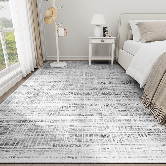 9x12 Area Rugs Washable Rug: Anti-Skid Abstract Modern Living Room Rug Soft Thin Carpets Indoor Floor Non-Shedding Carpet for Bedroom Dining Farmhouse Nursery Home Office (White Gray, 9'x12')