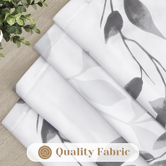 HOMEIDEAS Grey and White Semi Sheer Curtains, 84 Inches Long Light Filtering Drapes, Gray Leaf Printed Privacy Sheer Curtains for Bedroom Living Room, 2 Panels