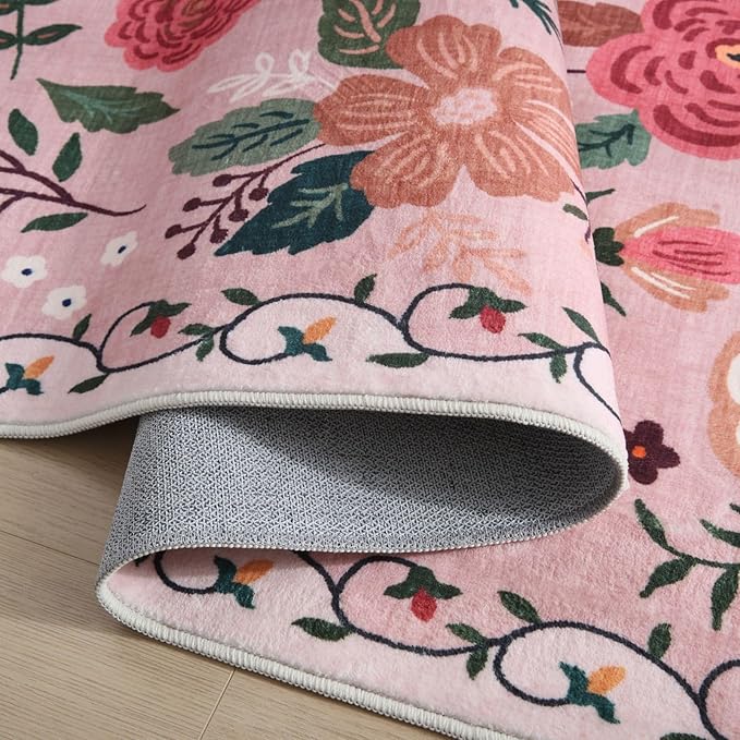 Rugcomf 2x5 Rug Runner - Floral Machine Washable Kitchen Rug, Non-Slip Low Pile Boho Carpet for Hallways, Laundry, Entryway, Bedroom, Bathroom - Pink